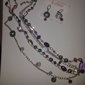 Purple and silver multi chain necklace and earring